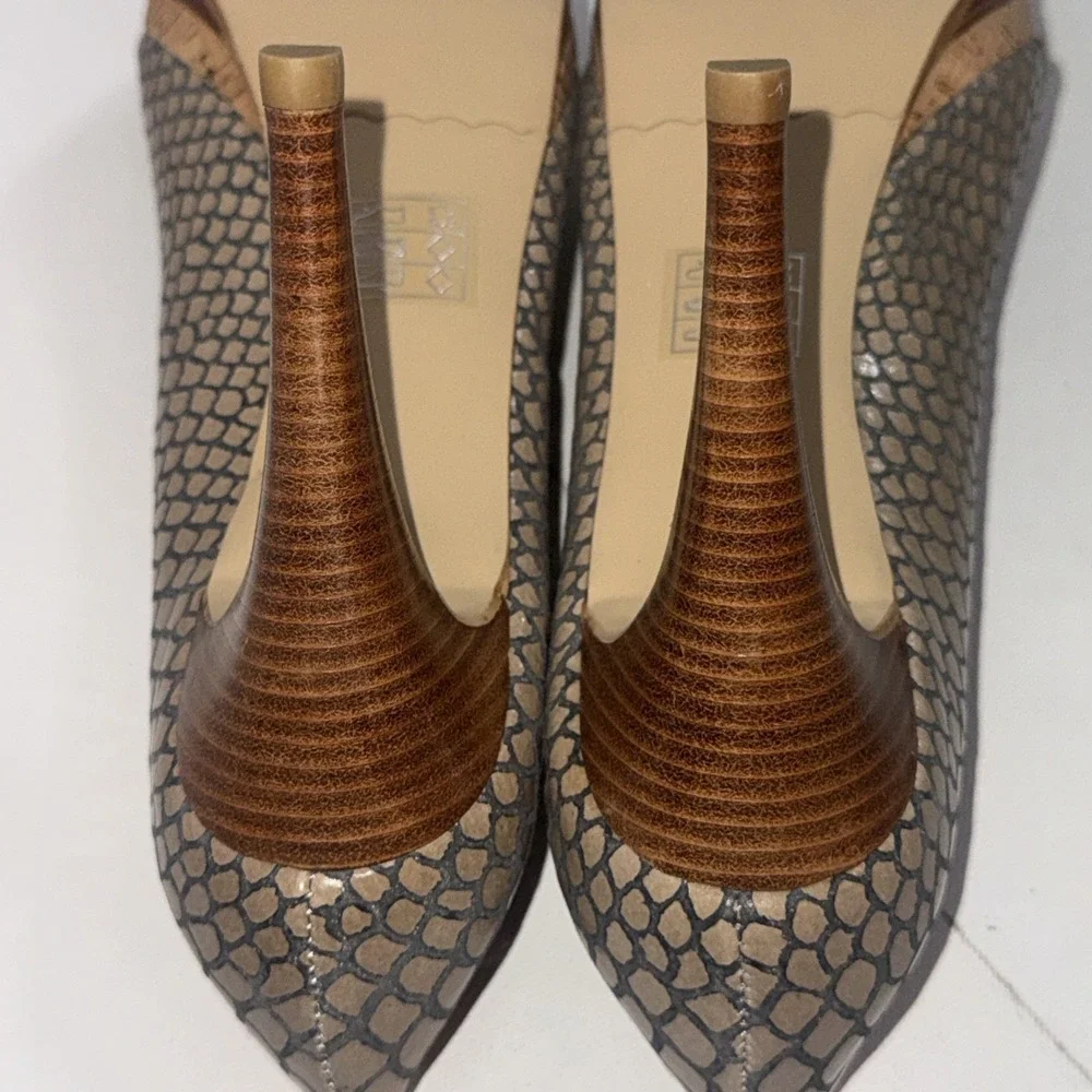 Moda Peep Toe Snakeskin Taupe Stiletto Bow Wedge Platform Pumps‎ Heels 8.5 M